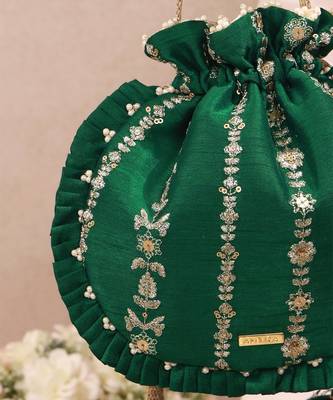Green embroidered poly silk potli bag 4