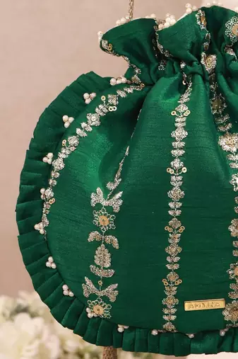 Green embroidered poly silk potli bag
