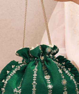 Green embroidered poly silk potli bag 5
