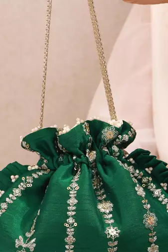 Green embroidered poly silk potli bag