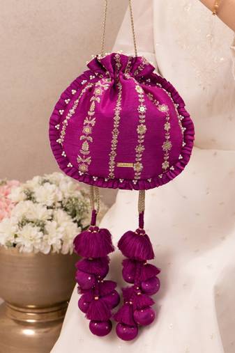 Magenta pink embroidered poly silk potli bag
