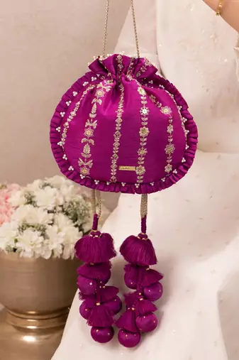 Magenta pink embroidered poly silk potli bag