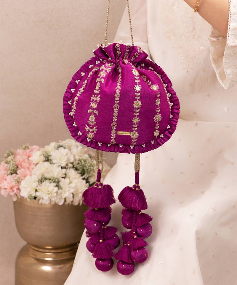 Magenta pink embroidered poly silk potli bag