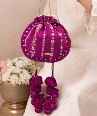 Magenta pink embroidered poly silk potli bag 2