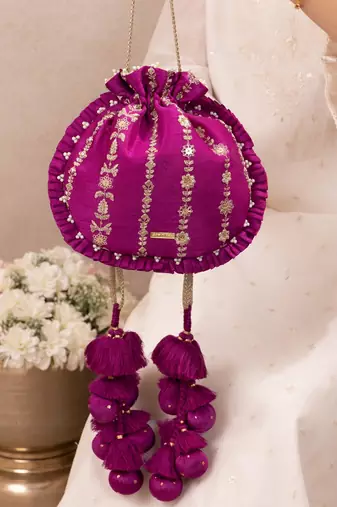 Magenta pink embroidered poly silk potli bag