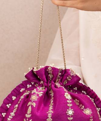 Magenta pink embroidered poly silk potli bag 3