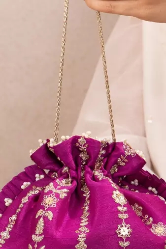 Magenta pink embroidered poly silk potli bag