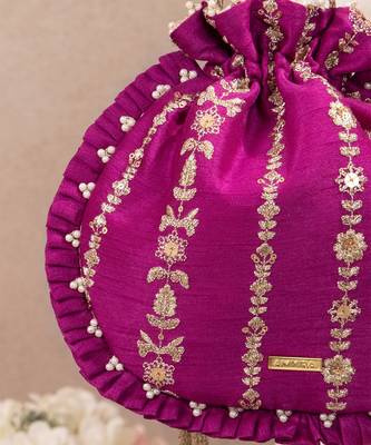 Magenta pink embroidered poly silk potli bag 4