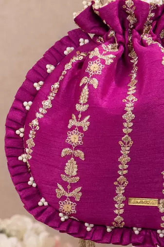 Magenta pink embroidered poly silk potli bag