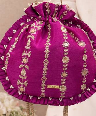 Magenta pink embroidered poly silk potli bag 5