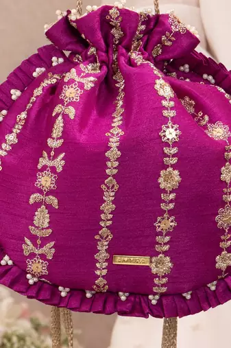 Magenta pink embroidered poly silk potli bag