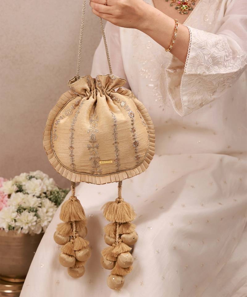 Gold embroidered poly silk potli bag