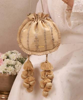 Gold embroidered poly silk potli bag 2