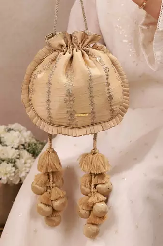 Gold embroidered poly silk potli bag