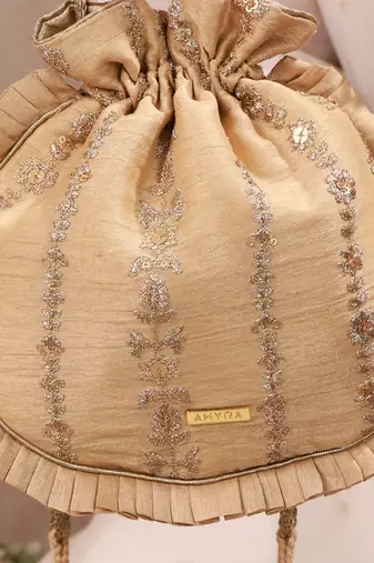 Gold embroidered poly silk potli bag