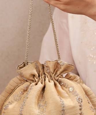 Gold embroidered poly silk potli bag 5
