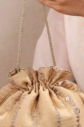 Gold embroidered poly silk potli bag