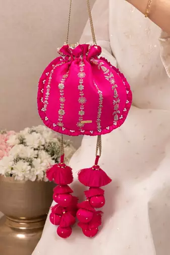 Pink embroidered poly silk potli bag