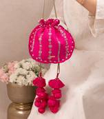 Pink embroidered poly silk potli bag