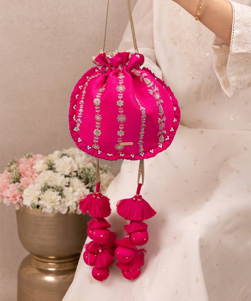 Pink embroidered poly silk potli bag