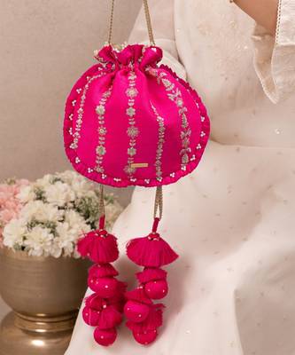 Pink embroidered poly silk potli bag 2