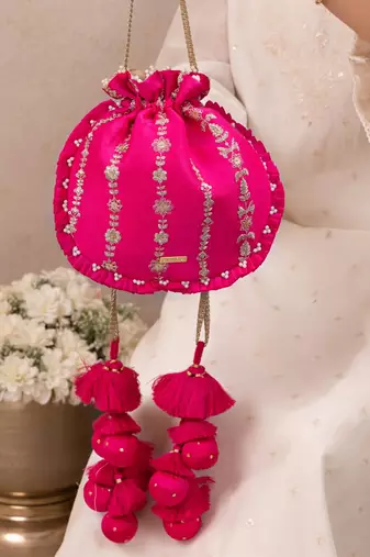 Pink embroidered poly silk potli bag