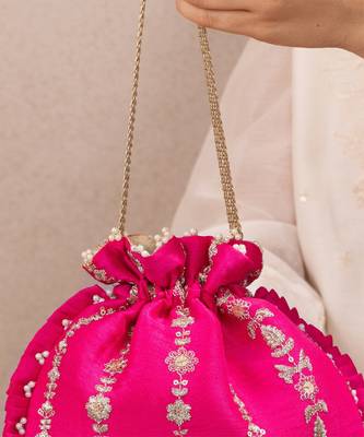 Pink embroidered poly silk potli bag 3
