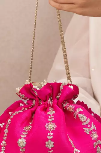 Pink embroidered poly silk potli bag