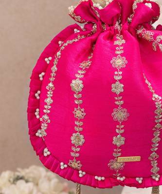 Pink embroidered poly silk potli bag 4