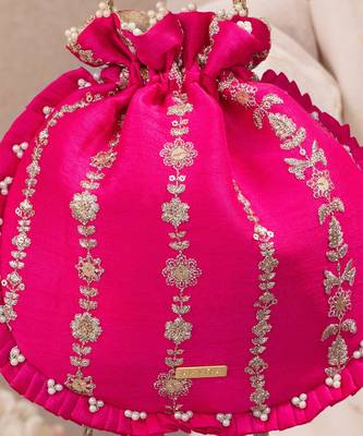 Pink embroidered poly silk potli bag 5