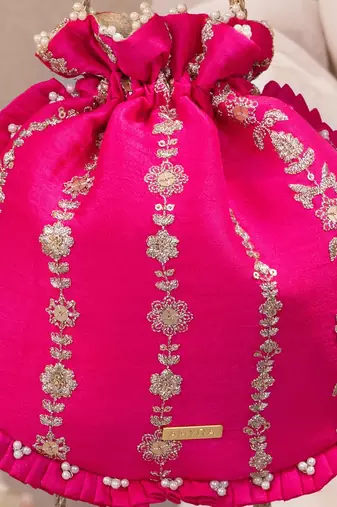 Pink embroidered poly silk potli bag