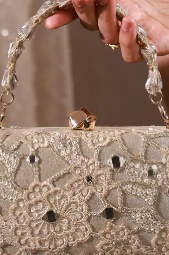 Gold tissue cutwork mirror synthetic clutch
