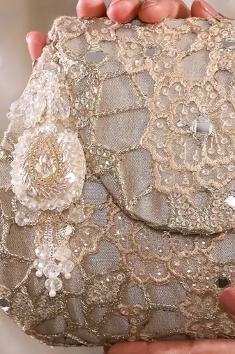 Gold tissue cutwork mirror synthetic clutch