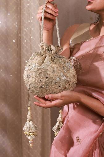 Gold tissue cutwork mirror synthetic potli bag