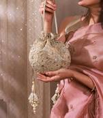 Gold tissue cutwork mirror synthetic potli bag