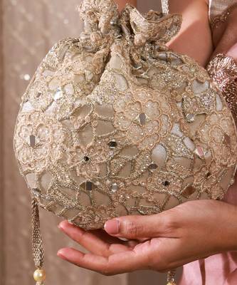 Gold tissue cutwork mirror synthetic potli bag 3