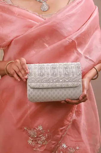Silver silk brocade clutch