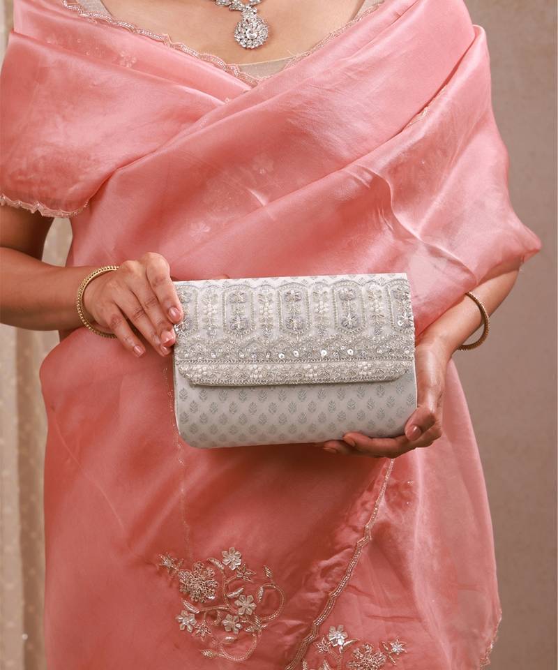 Silver silk brocade clutch