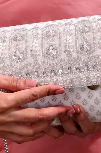 Silver silk brocade clutch