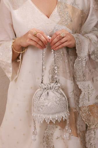 Silver hand embroidered silk potli bag
