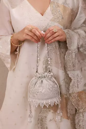 Silver hand embroidered silk potli bag