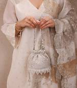 Silver hand embroidered silk potli bag