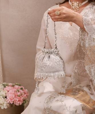 Silver hand embroidered silk potli bag 2