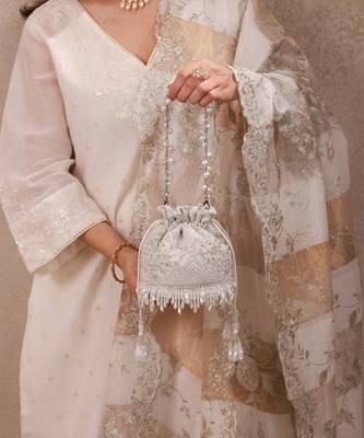 Silver hand embroidered silk potli bag 3