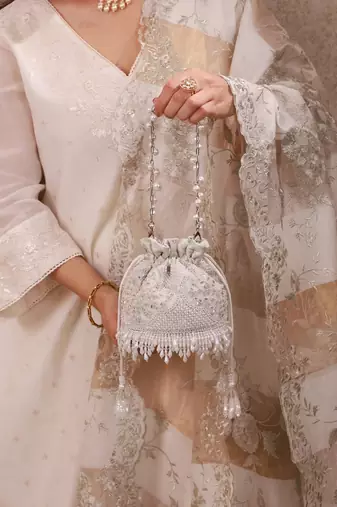 Silver hand embroidered silk potli bag