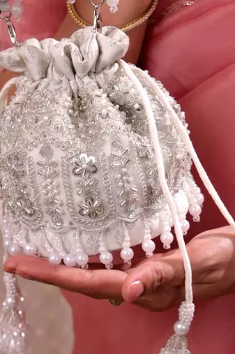 Silver brocade silk potli bag