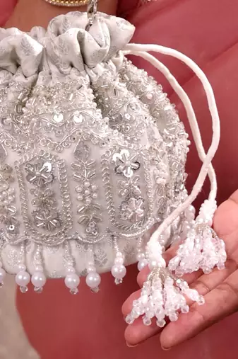 Silver brocade silk potli bag