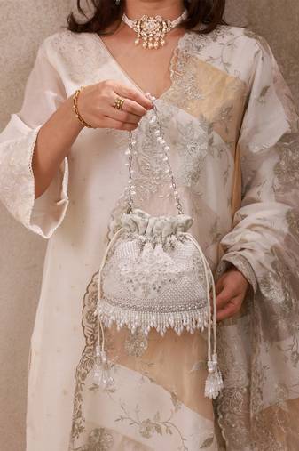 Silver hand embroidered silk potli bag