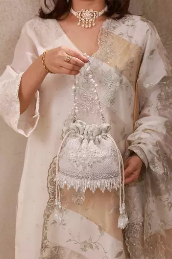 Silver hand embroidered silk potli bag