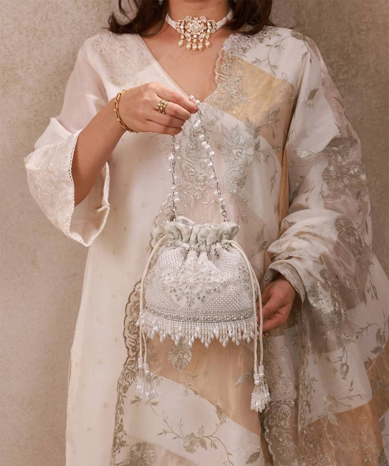 Silver hand embroidered silk potli bag